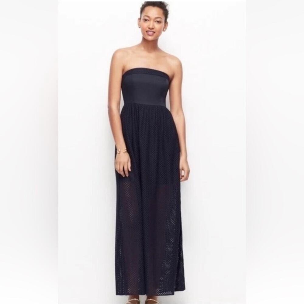 Ann Taylor Navy Blue Strapless Maxi Dress Resortwear Mesh Beachy Vacation Preppy